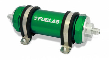 In-Line Fuel Filter Long Length -6AN Inlet/Outlet 10 Micron Replaceable Fabric Element Green FUELAB